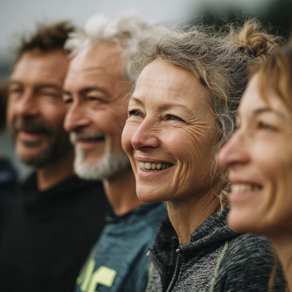 Group of smiling Ukrainian adults of various ages engaged in fitness activities, showing energy and enthusiasm