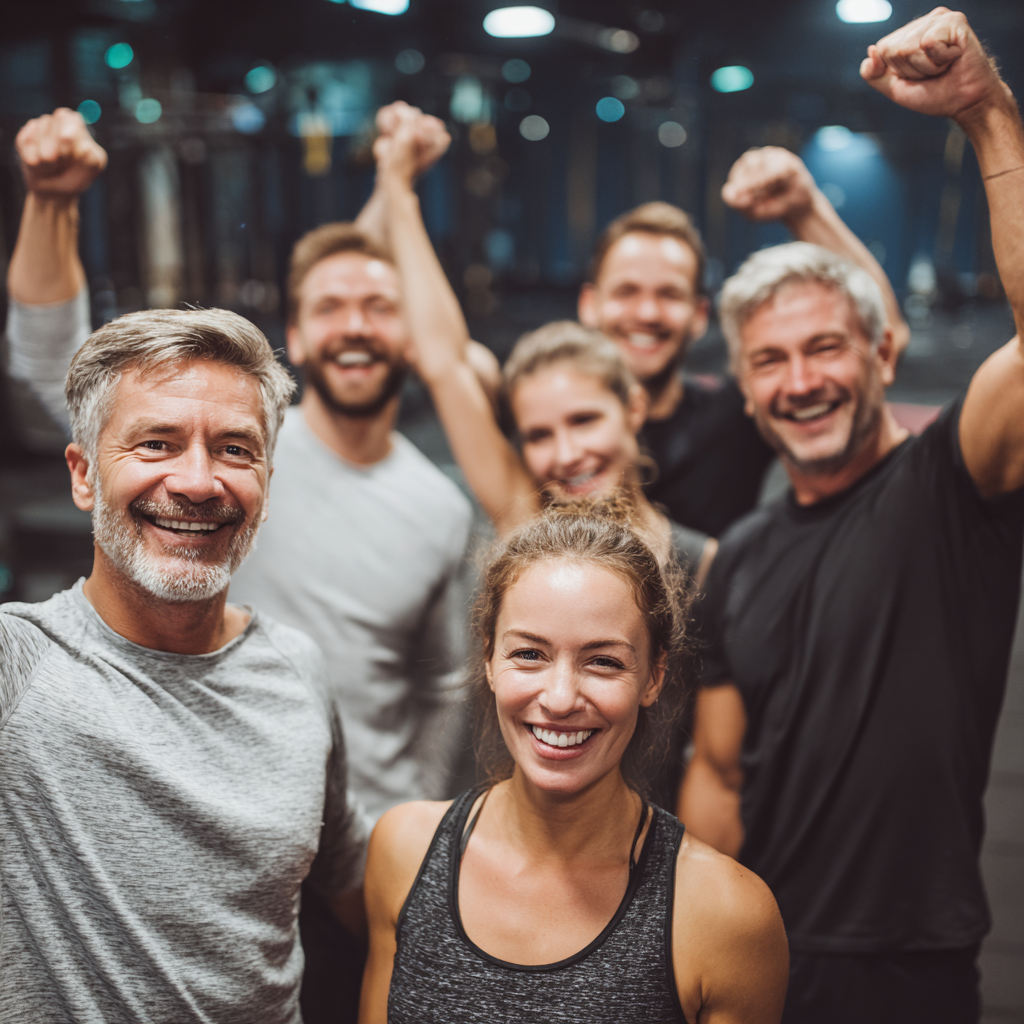 Happy Ukrainian adults of different ages drinking water after workout, showing the importance of hydration in fitness